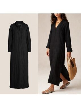 J.Crew Black Long Linen V-Neck Maxi Dress